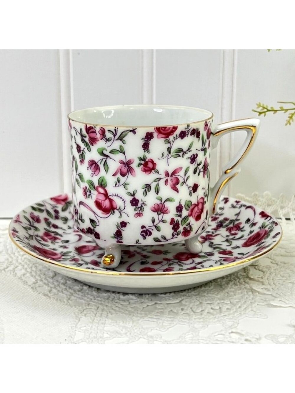Vintage Yada China Cottage Core Floral Tea Cup & Saucer Pink Roses Gold Trim